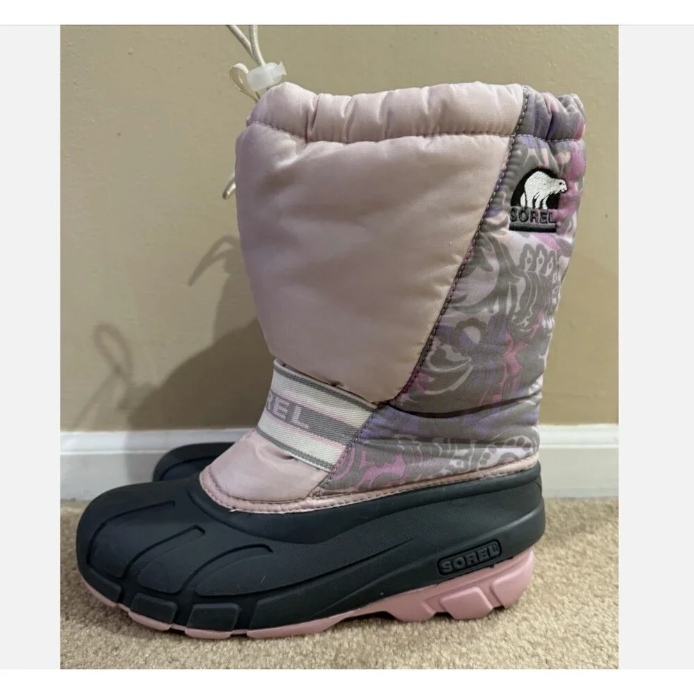 Sorel Girls 6Y Snow Boots Pink Floral Waterproof Winter Rubber Insulated Boot
